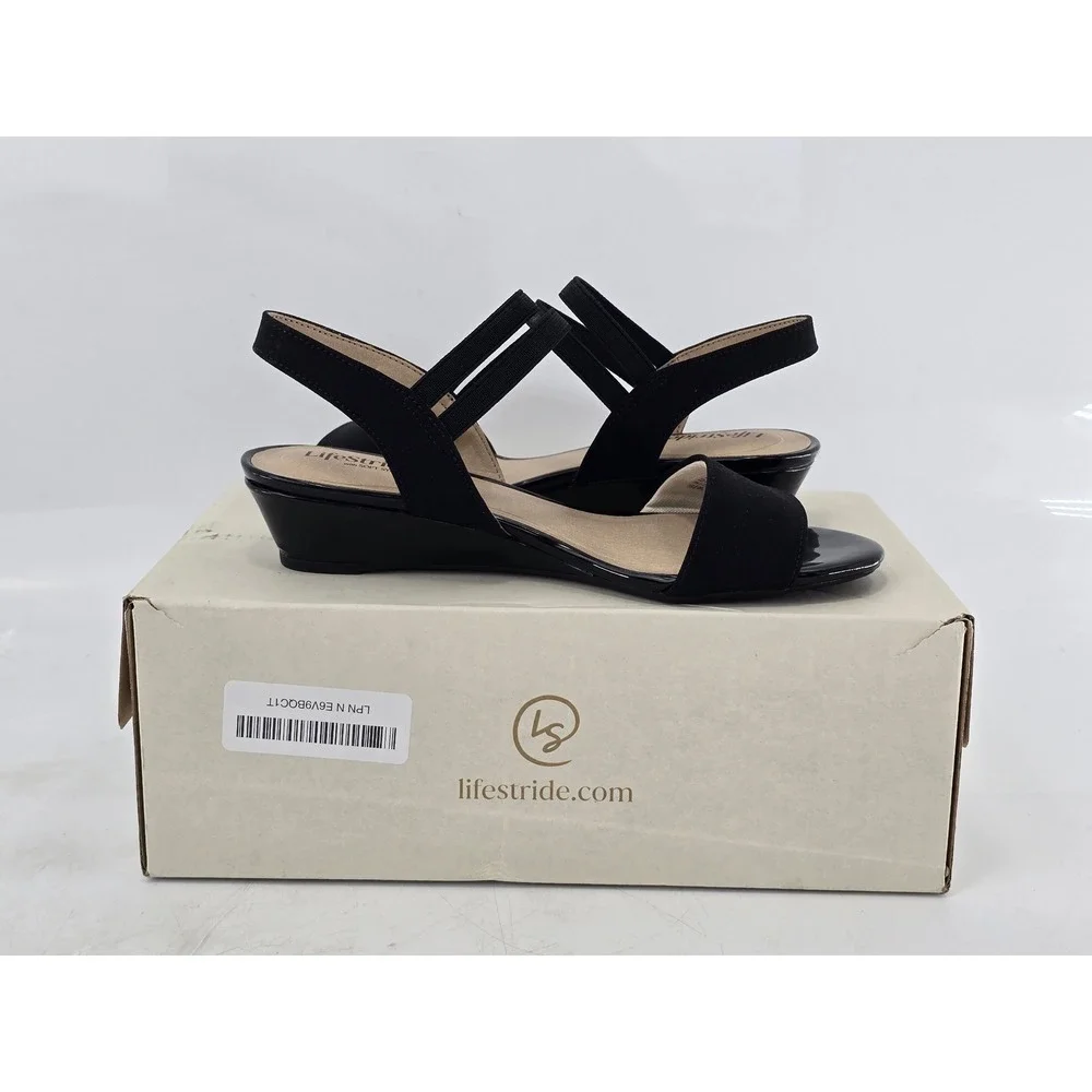 LifeStride Yolo Wedge Sandals Womens 6N Black Elastic Strappy Open Toe -New